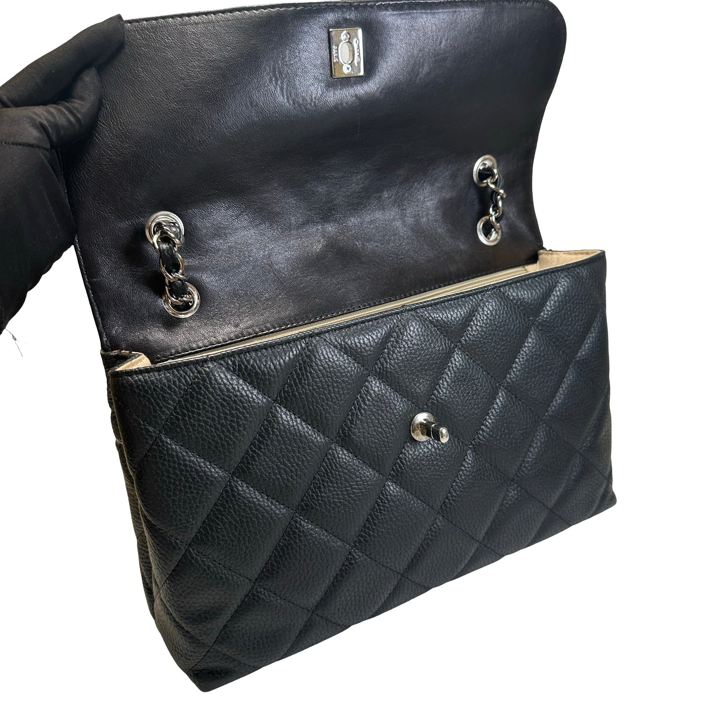 Used CHANEL Quilted Caviar Classic Flap Chain Shoulder Bag Black Silver