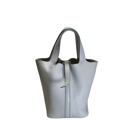 Used HERMES Taurillon Clemence Picotin 17 Bucket Bag Blue Pale