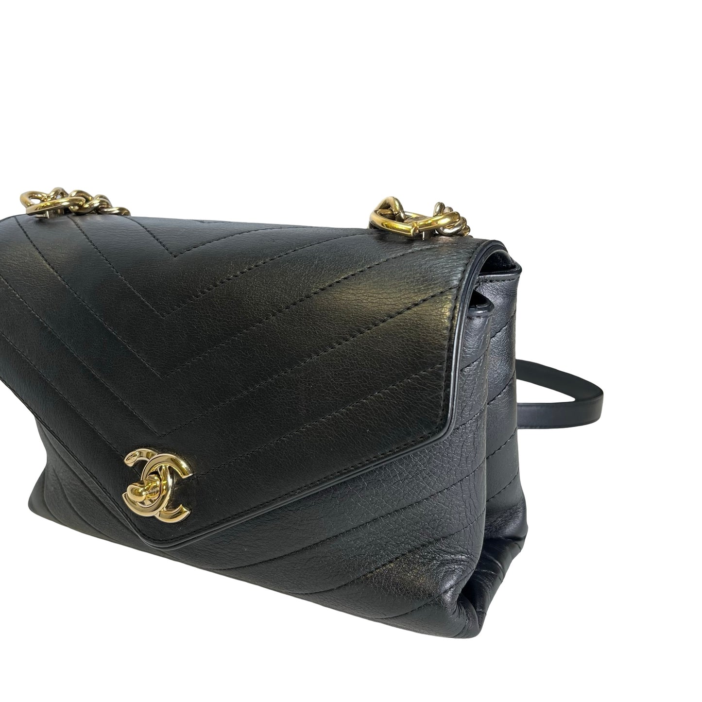 Used CHANEL Calf skin Chevron Top Handle Bag Shoulder Bag Black GHW