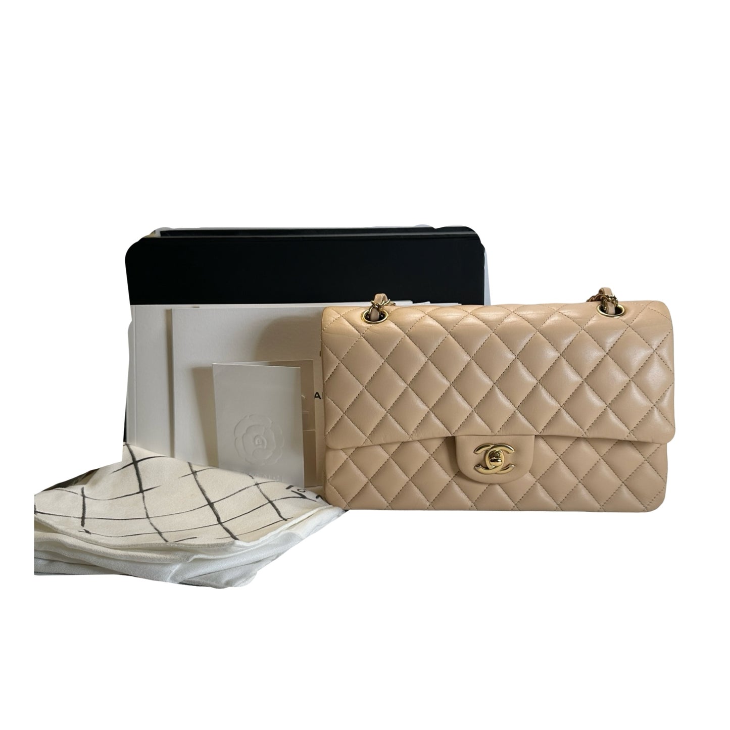 Used CHANEL Lambskin Classic Flap 25cm Chain shoulder bag Beige GHW