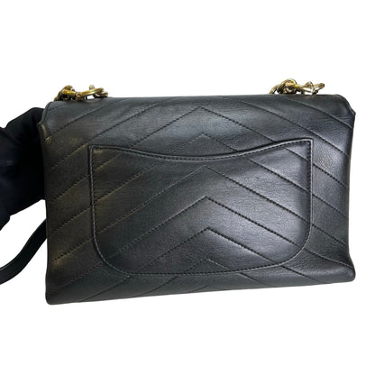 Used CHANEL Calf skin Chevron Top Handle Bag Shoulder Bag Black GHW