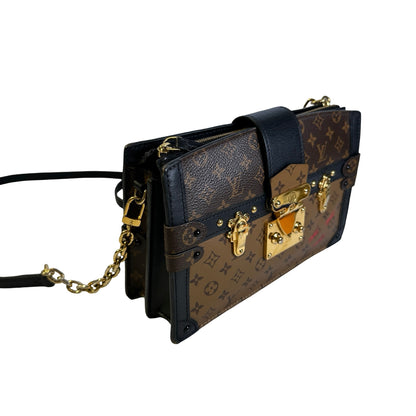 Used LOUIS VUITTON Monogram Canvas Leather Petite Malle Crossbody Bag Brown Black Gold