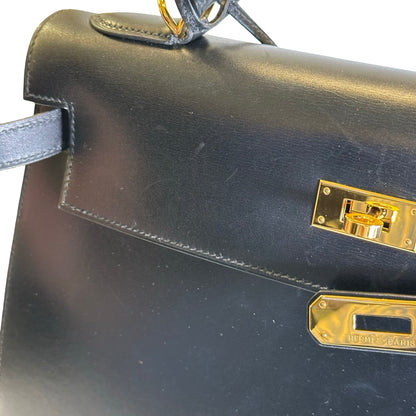 Used HERMES Box Calf Kelly 32 Handbag Black Gold
