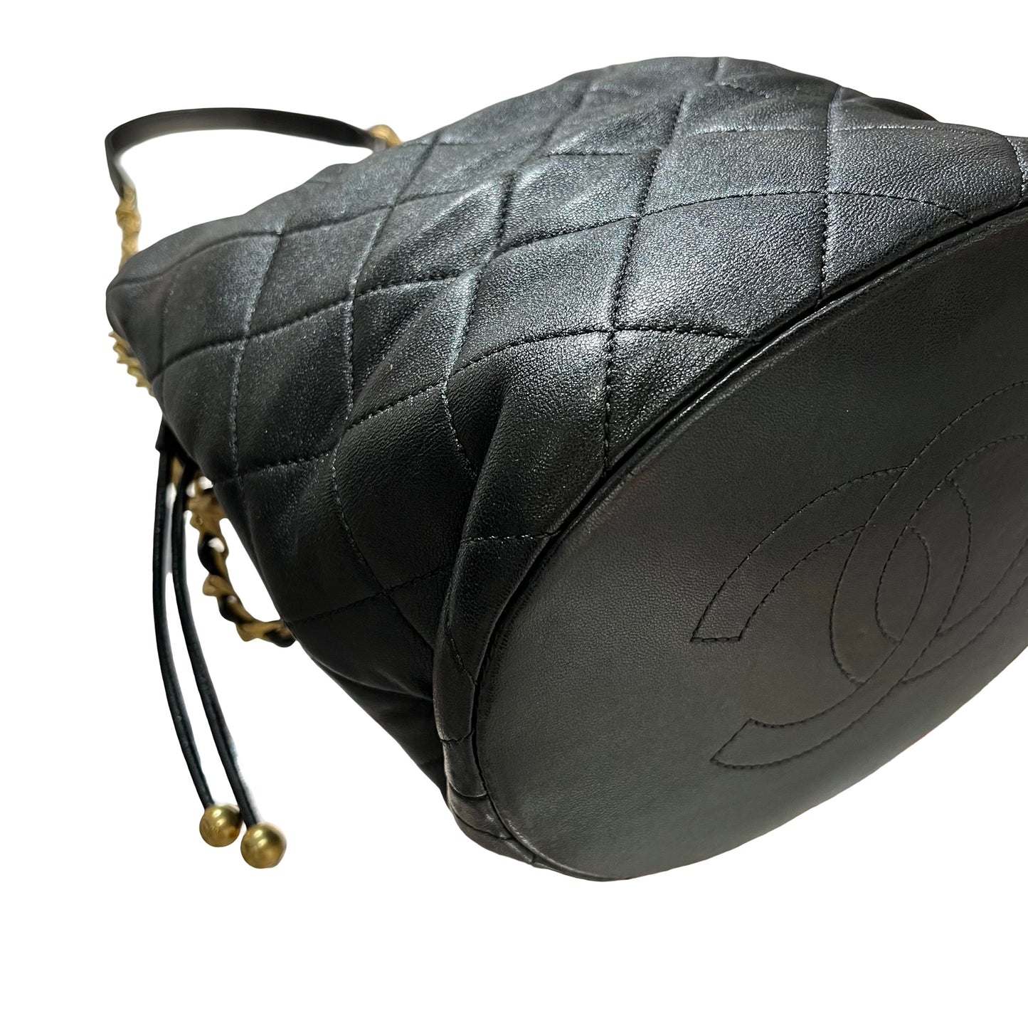 Used CHANEL Lambskin Leather Bucket Bag Black GHW