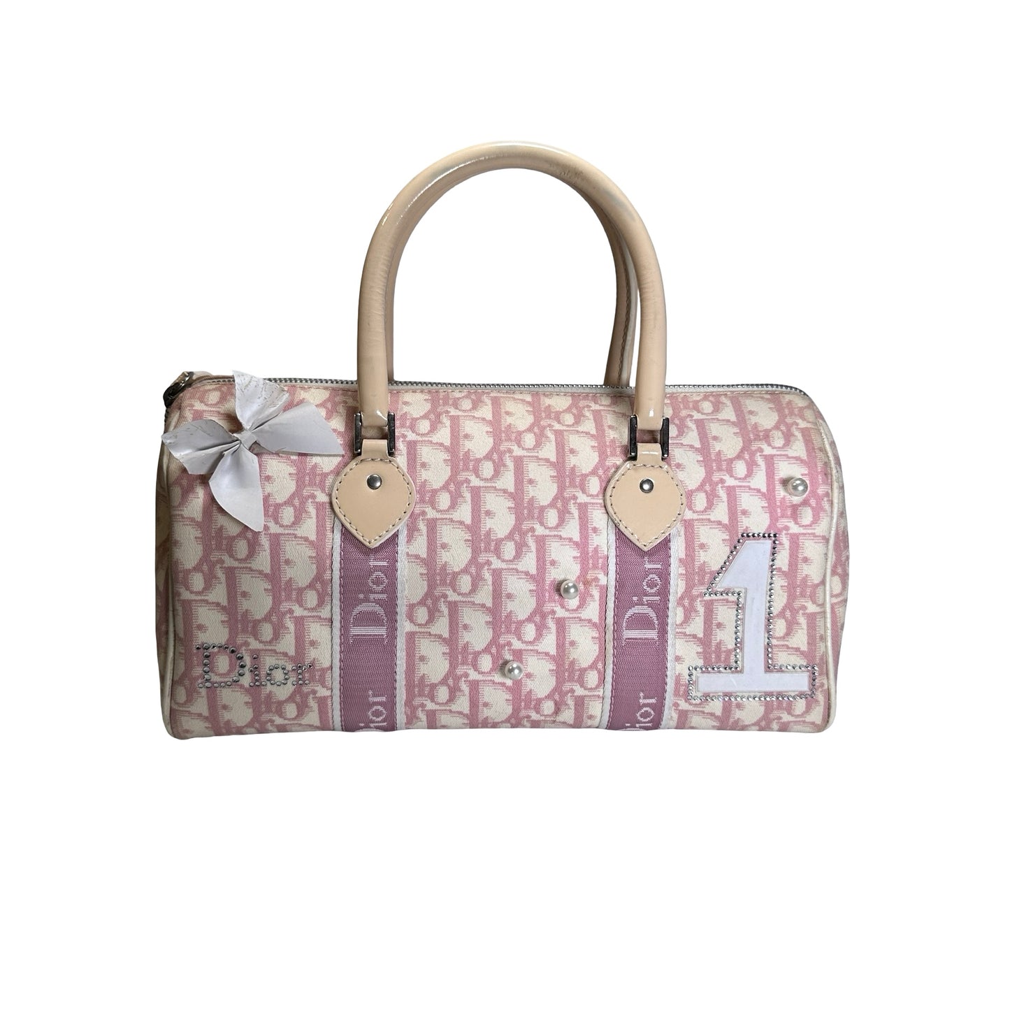 Used DIOR Canvas Trotter Boston Handbag Pink PHW