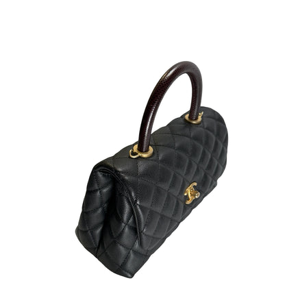 Used CHANEL Quilted Caviar Leather Coco Handle Handbag Black Gold
