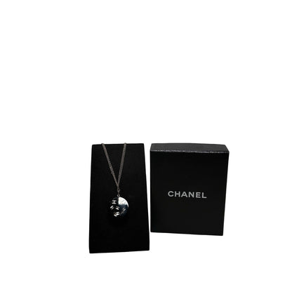 Used CHANEL Black Round Pendant Necklace with Silver CC Logos Necklace Black Silver