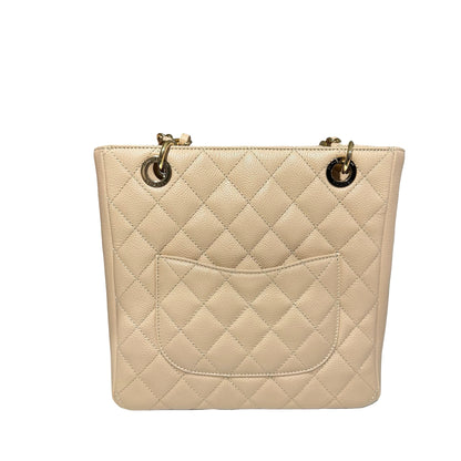 Used CHANEL Calfskin Leather PST Tote Bag Beige GHW