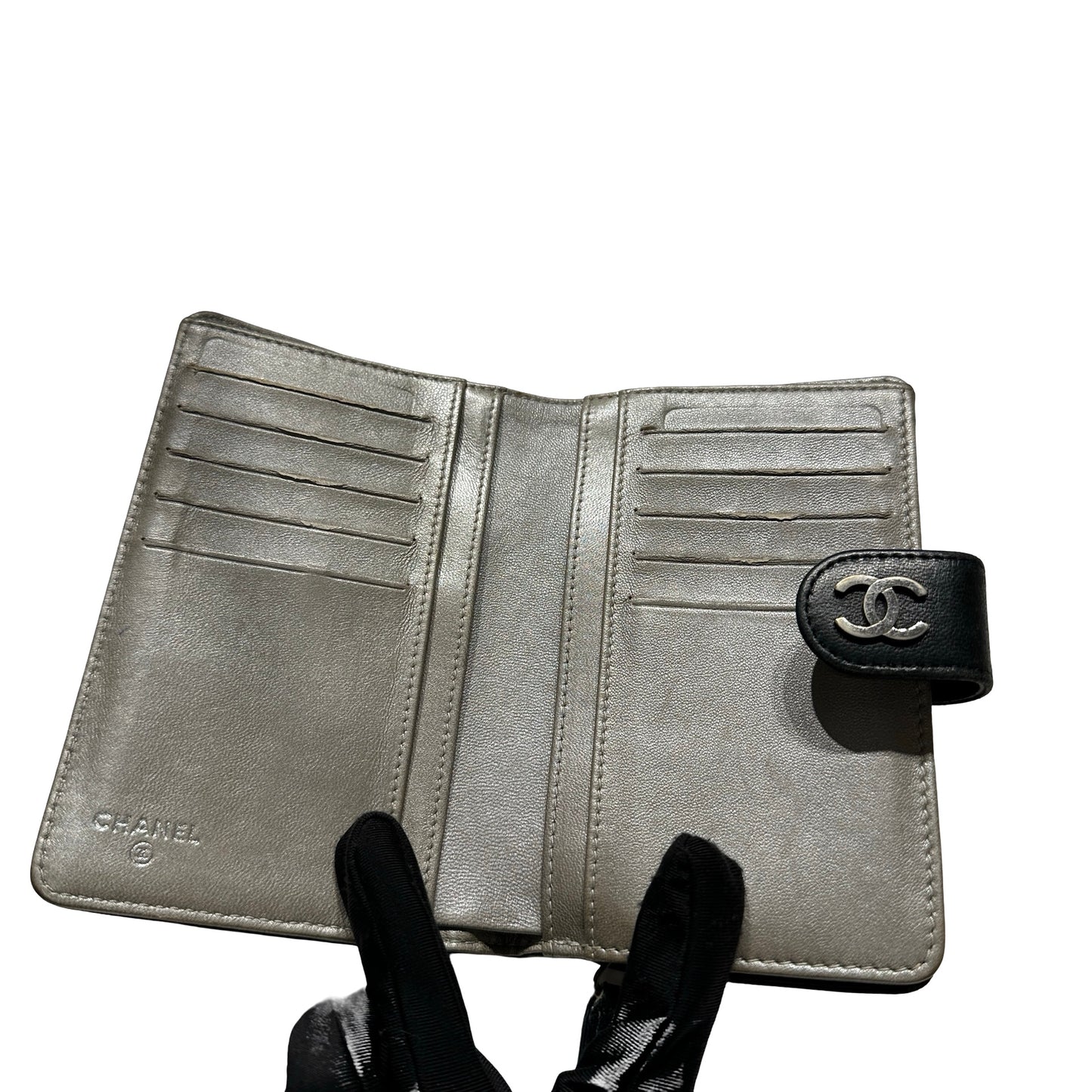 Used CHANEL Camellia Caviar Camellia Wallet Black Silver