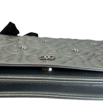 Used CHANEL Camellia Leather woc Wallet on chain Silver，Phw