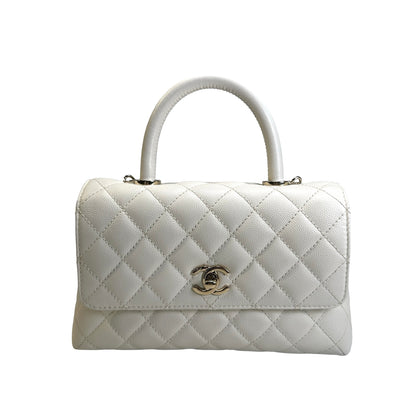 Used CHANEL Quilted Caviar Coco Handle Handbag White GHW
