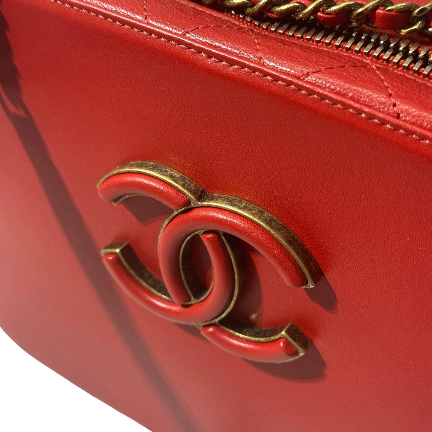 Used CHANEL Calfskin Leather Camera Bag Red GHW