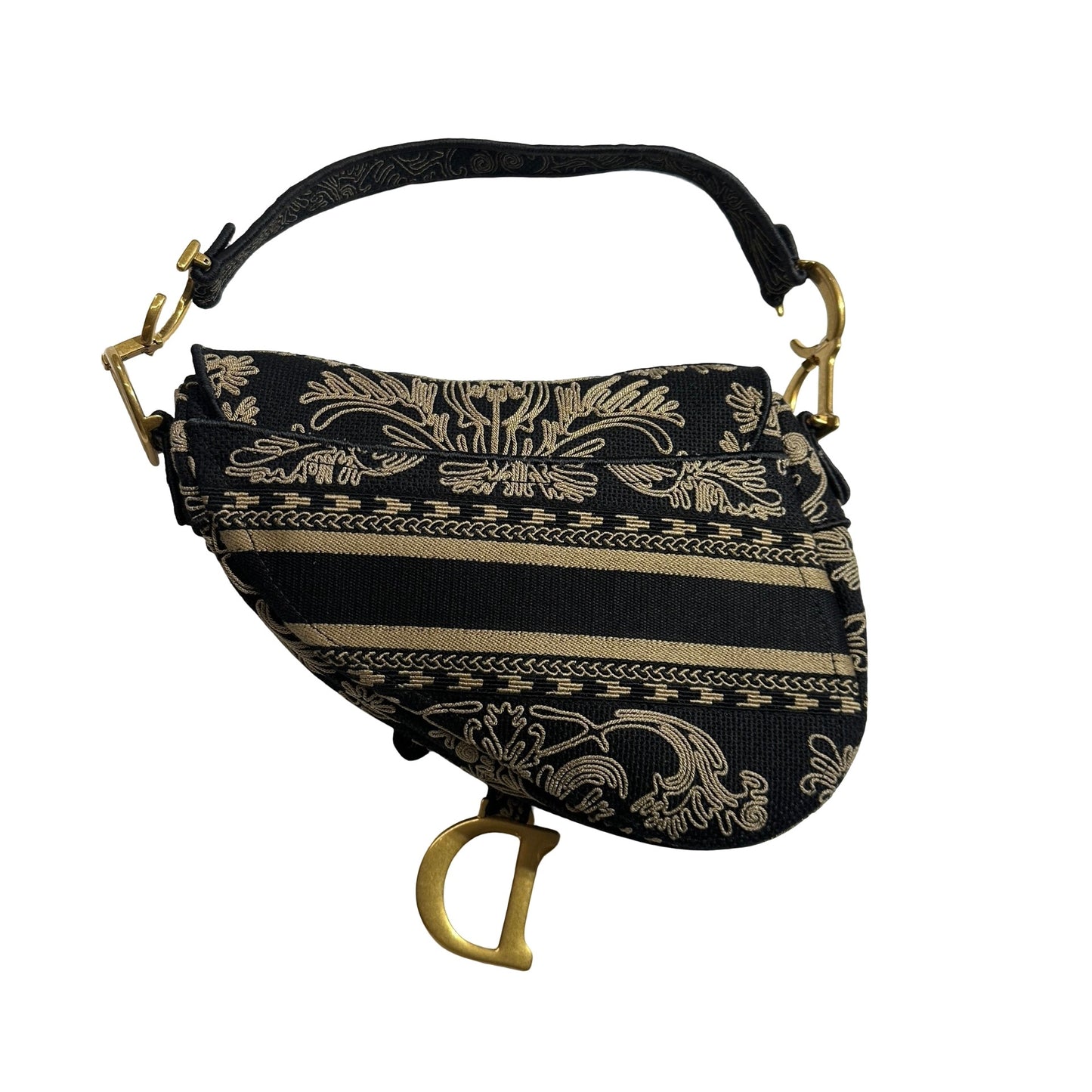 Used DIOR Embroidered Canvas Floral Stripes Saddle Saddle Bag Black Beige GHW