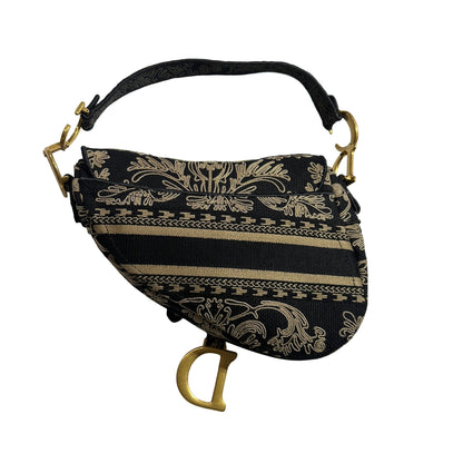 Used DIOR Embroidered Canvas Floral Stripes Saddle Saddle Bag Black Beige GHW