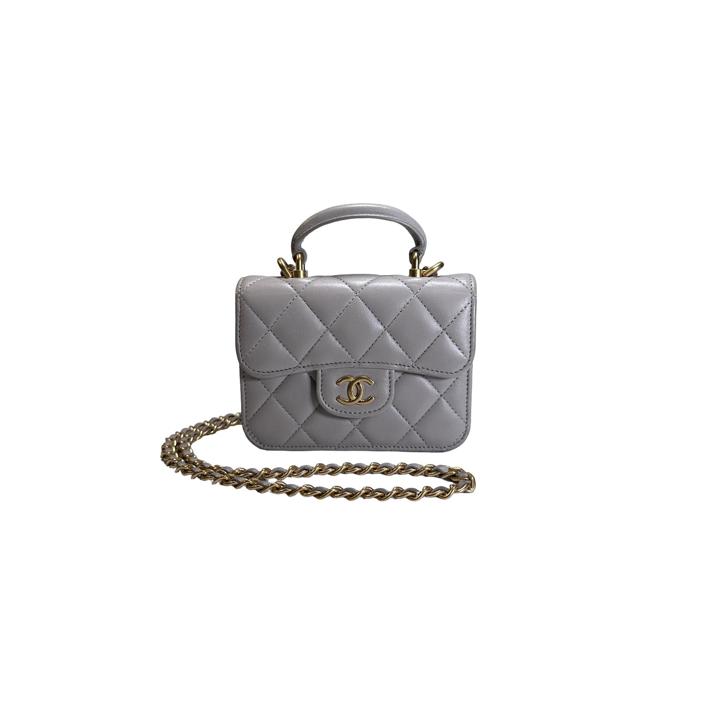 Used CHANEL Quilted Lambskin Mini Flap Bag with Top Handle Mini Bag Grey GHW