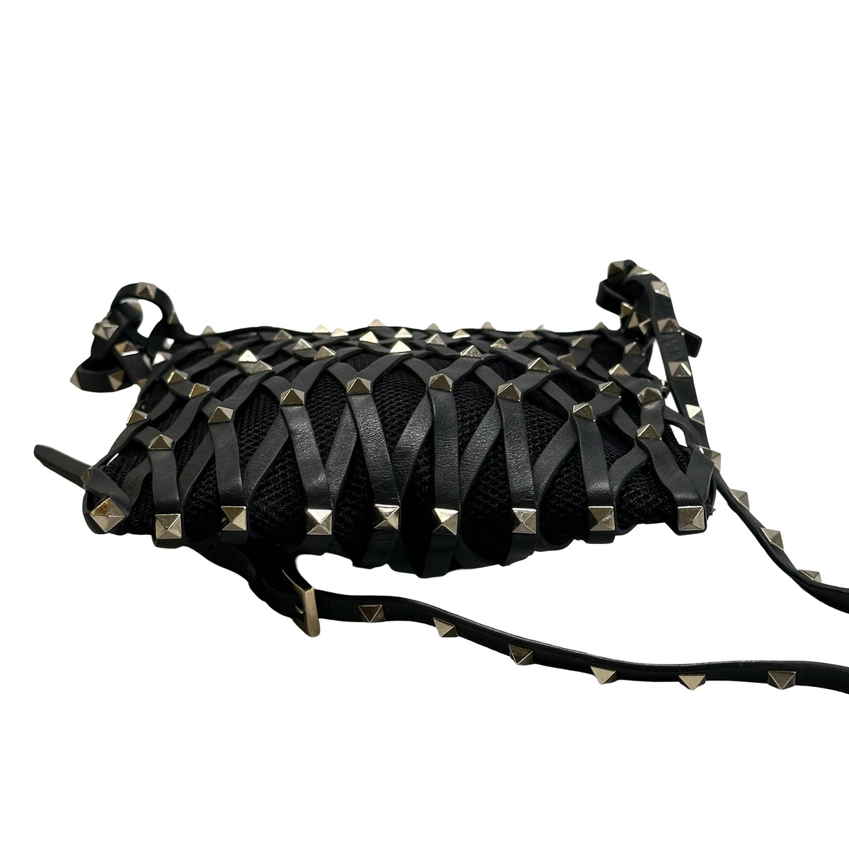 Used VALENTINO Leather Mesh Rockstud Spike Tote Bag Black Silver