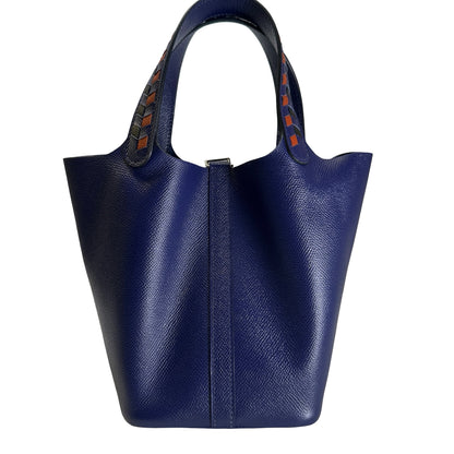 Used HERMES Epsom Picotin Bucket Bag Blue Brown Black