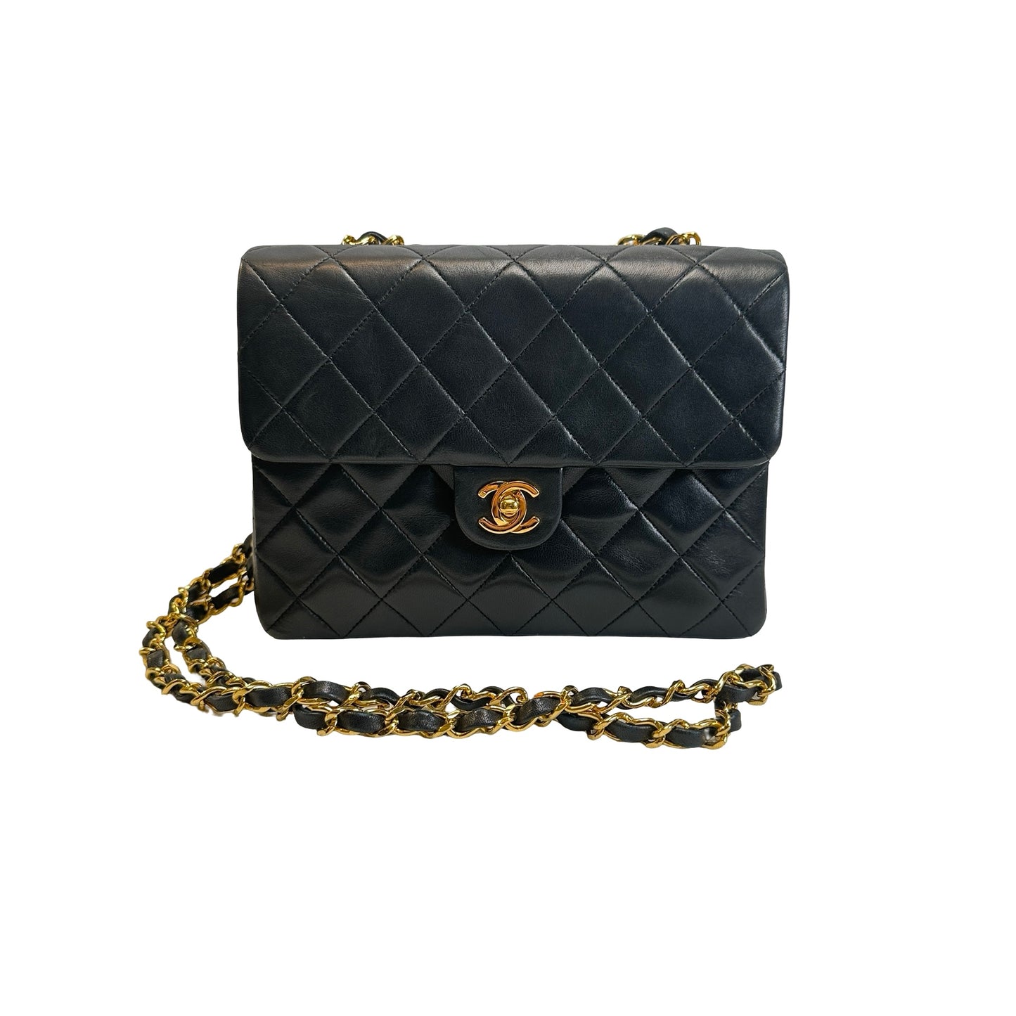 Used CHANEL Quilted Lambskin Mini Square Flap Chain Shoulder Bag Black Gold
