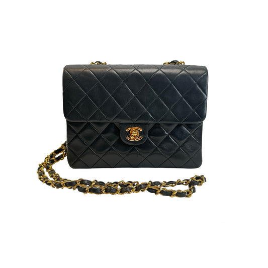 Used CHANEL Quilted Lambskin Mini Square Flap Chain Shoulder Bag Black Gold
