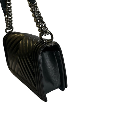 Used CHANEL Chevron Leather Boy Chanel Shoulder Bag Black Silver