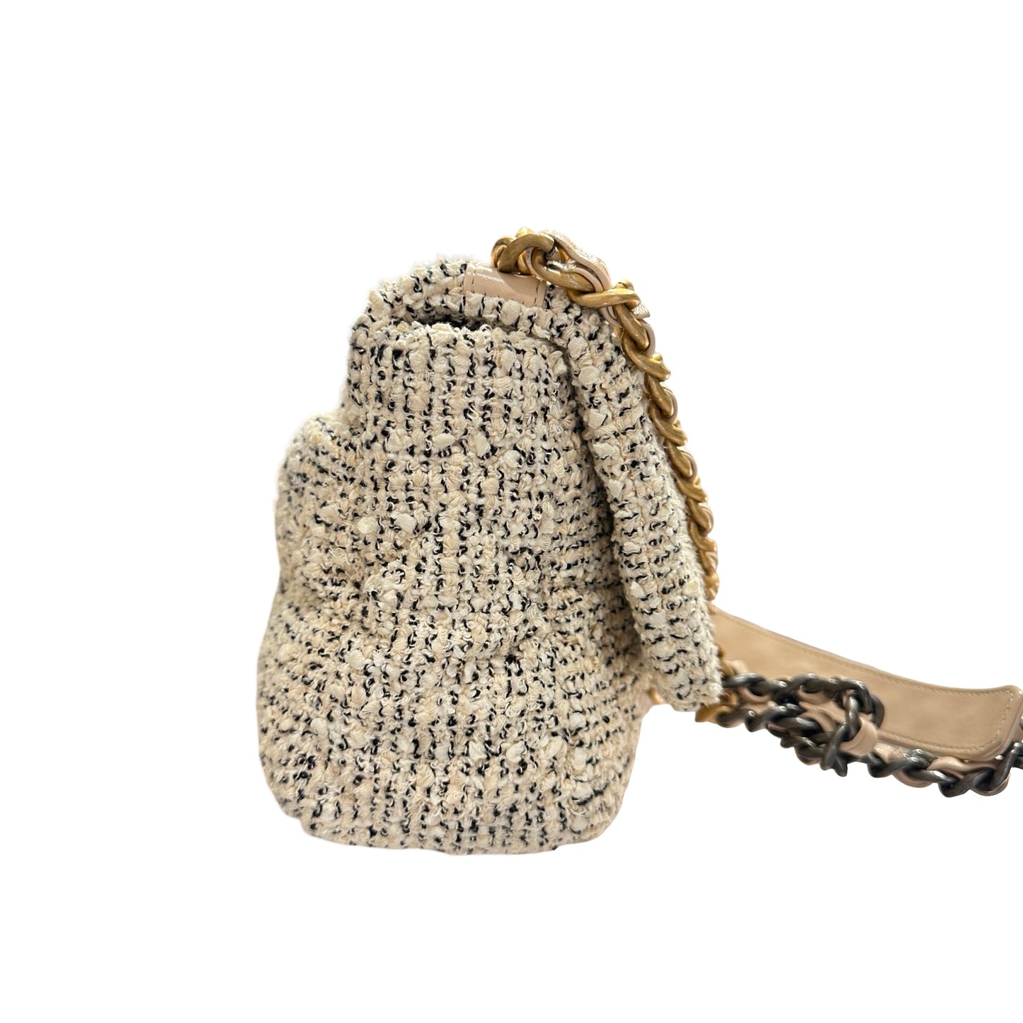 Used CHANEL Tweed 19 Small Cross Body Bag GHW Beige White