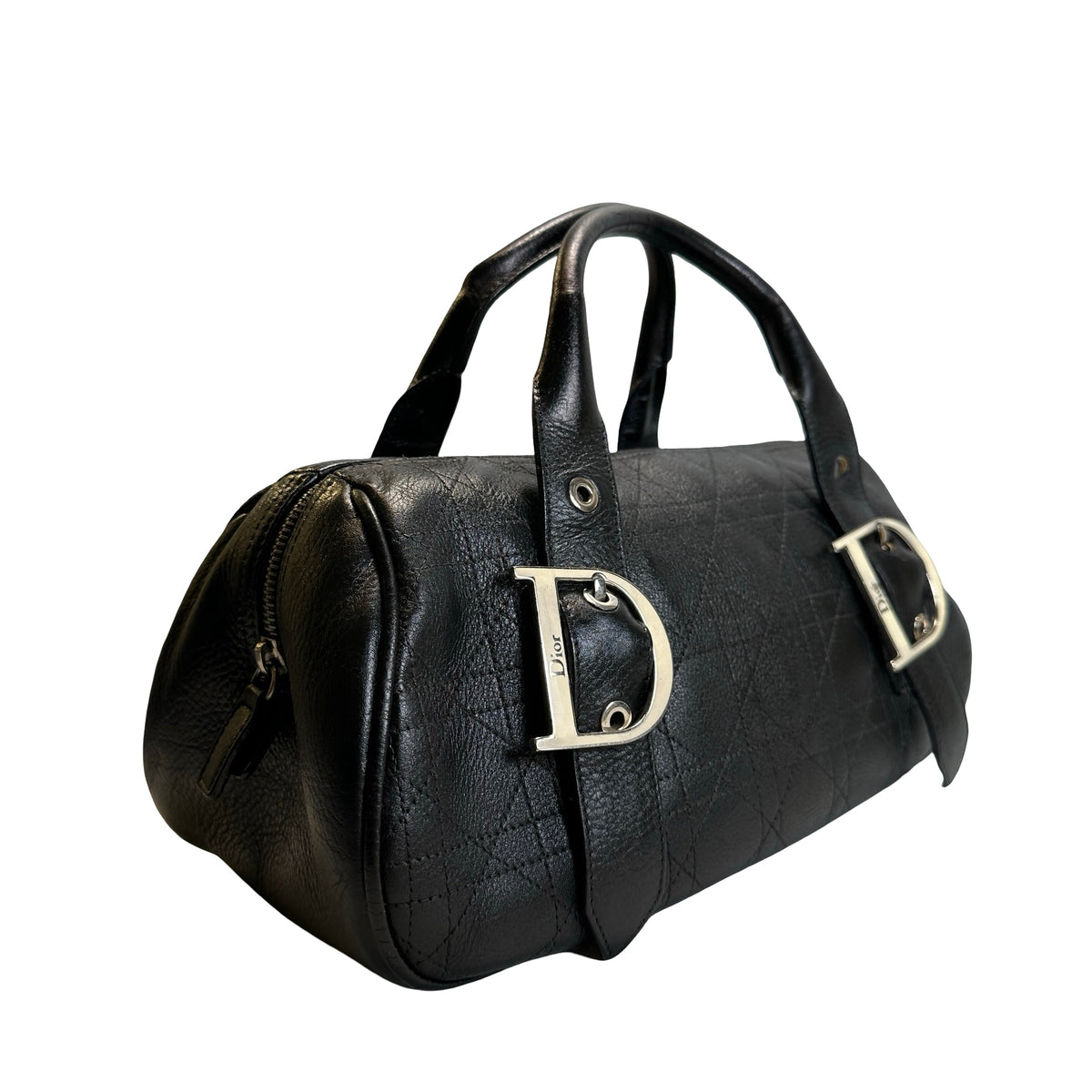 Used DIOR Cannage Leather Cannage Handbag Handbag Black Silver