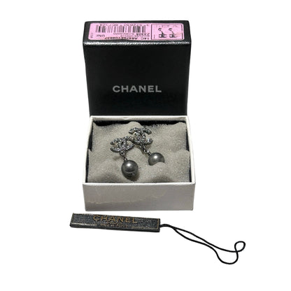 Used Chanel Pearl Earrings Black PHW