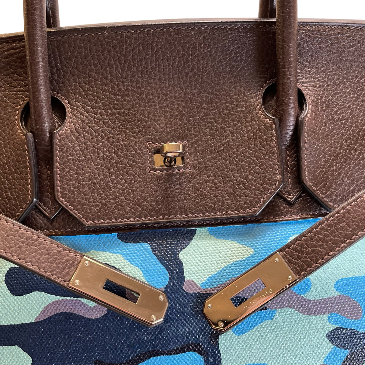 Used HERMES Camouflage Leather Toile HAC Birkin 35 Handbag Brown Blue Green