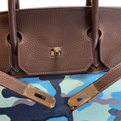 Used HERMES Camouflage Leather Toile HAC Birkin 35 Handbag Brown Blue Green