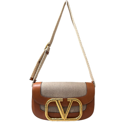Used VALENTINO Canvas Calfskin Leather Supervee Cross Body Bag Beige Brown GHW