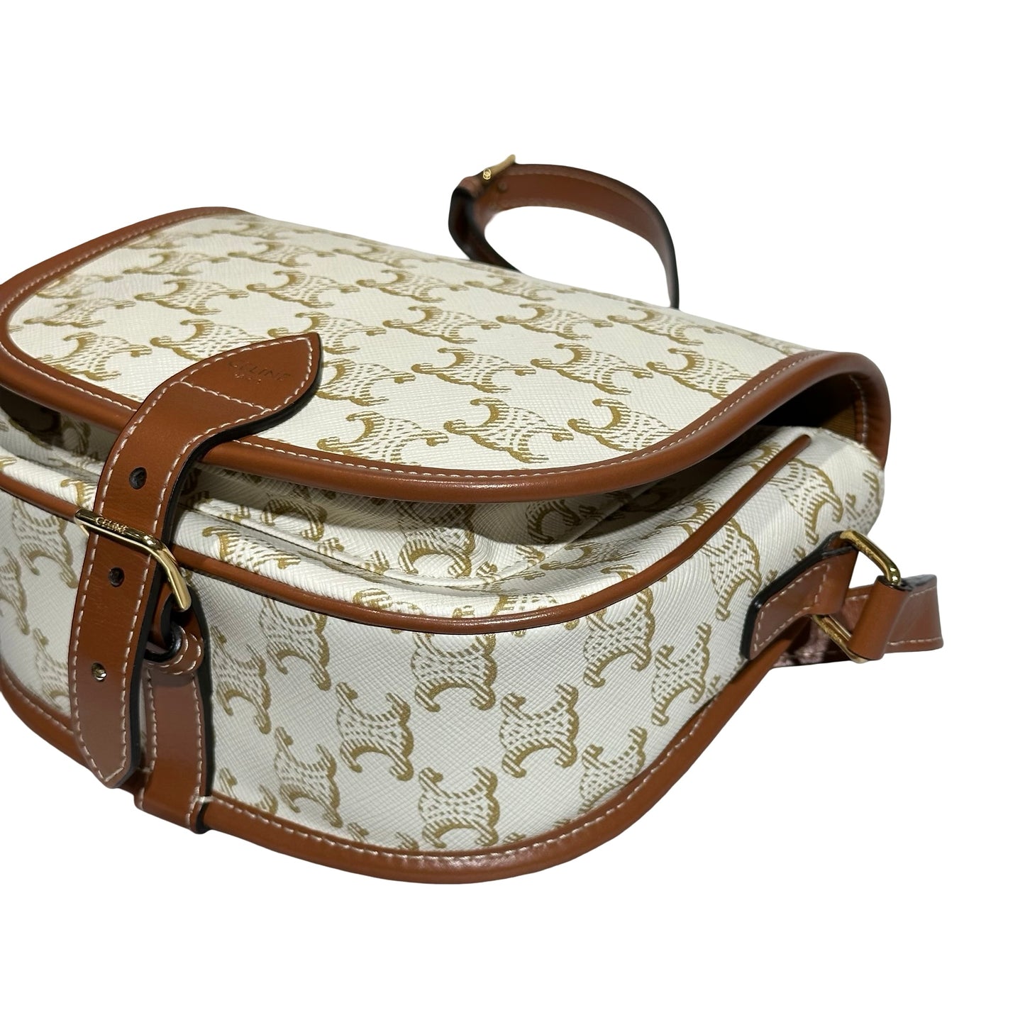 Used CÉLINE Canvas Folco Medium Cross Body Bag White Brown GHW