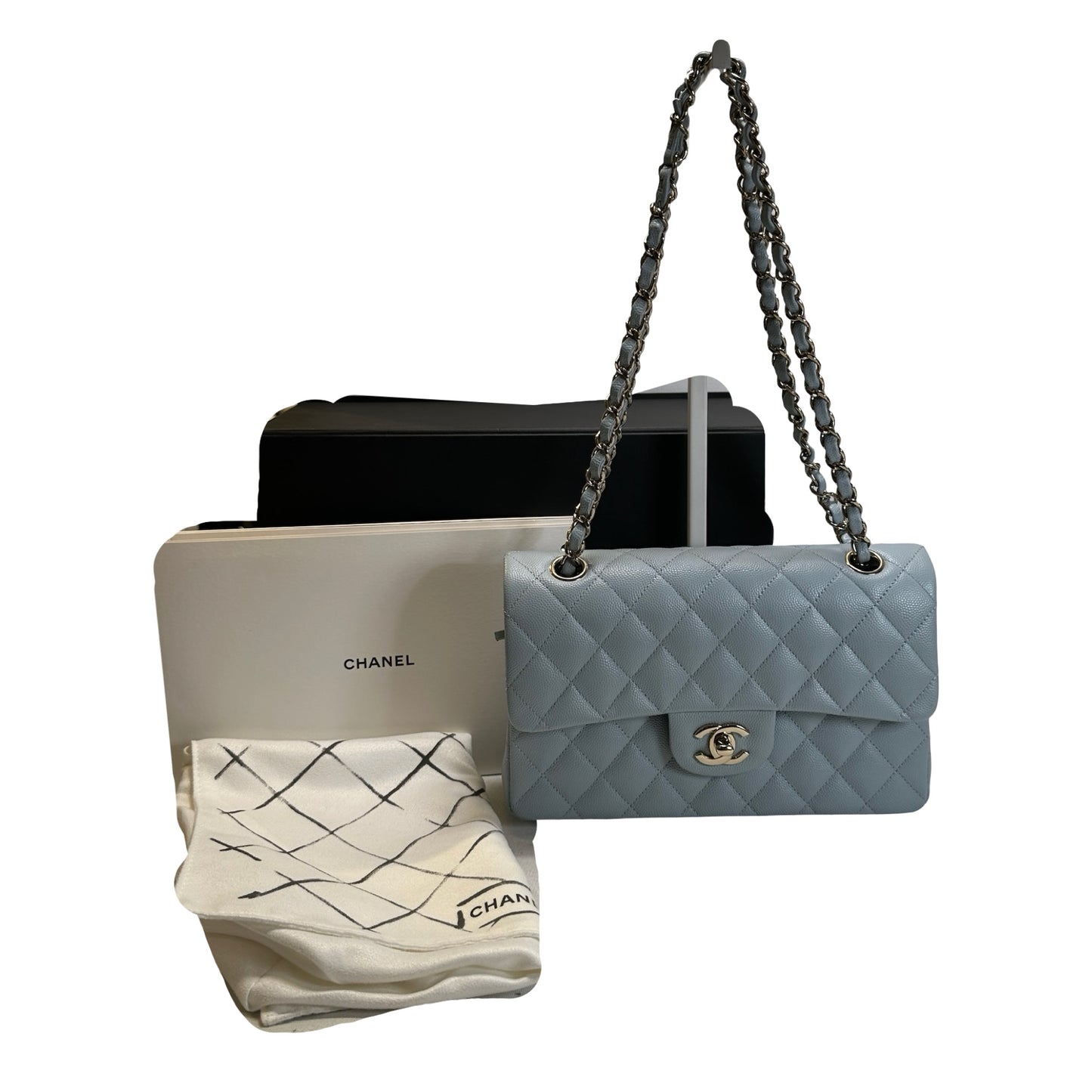 Used CHANEL Quilted Caviar CF23 Chain Shoulder Bag Light Blue GHW