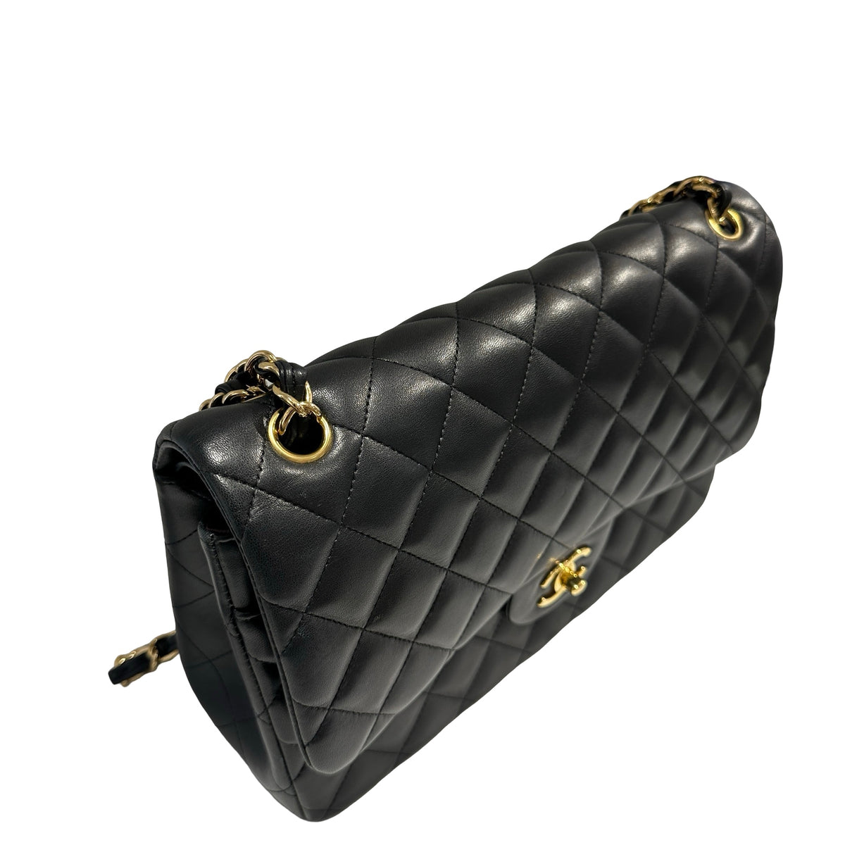 Used CHANEL Lambskin Quilted Jumbo Shoulder Bag Black Gold