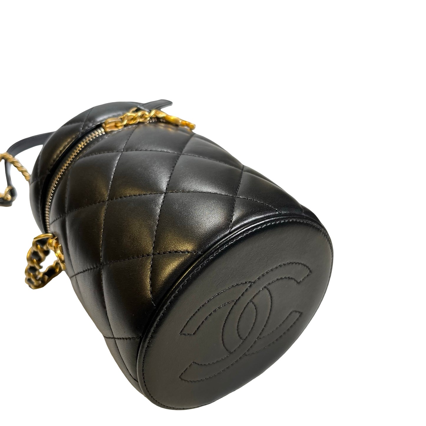 Used CHANEL Diamond Quilted Lambskin Cylindrical Vanity Case with Chain Vanity case Black GHW
