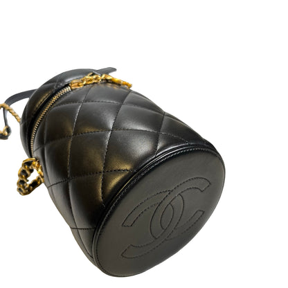 Used CHANEL Diamond Quilted Lambskin Cylindrical Vanity Case with Chain Vanity case Black GHW