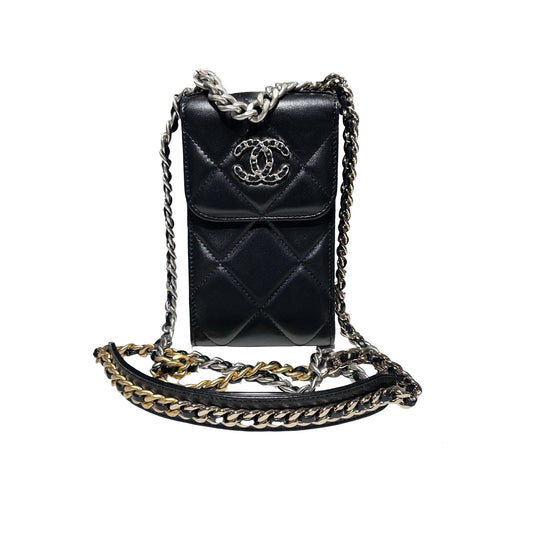 Used CHANEL Lambskin Leather 19 Phone Holder with Chain Phone Bag Black PHW