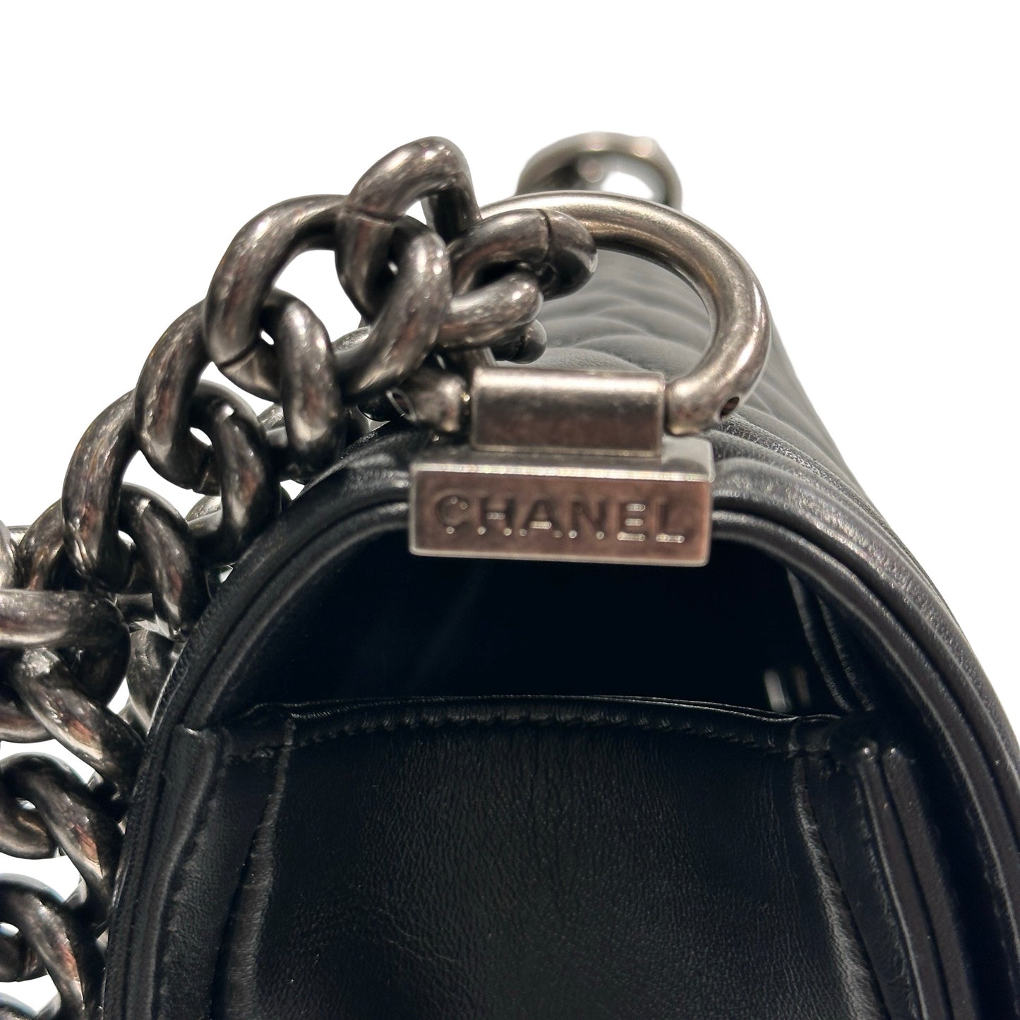 Used Chanel Lambskin Leather Boy 25 Shoulder Bag Black PHW