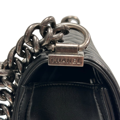 Used Chanel Lambskin Leather Boy 25 Shoulder Bag Black PHW
