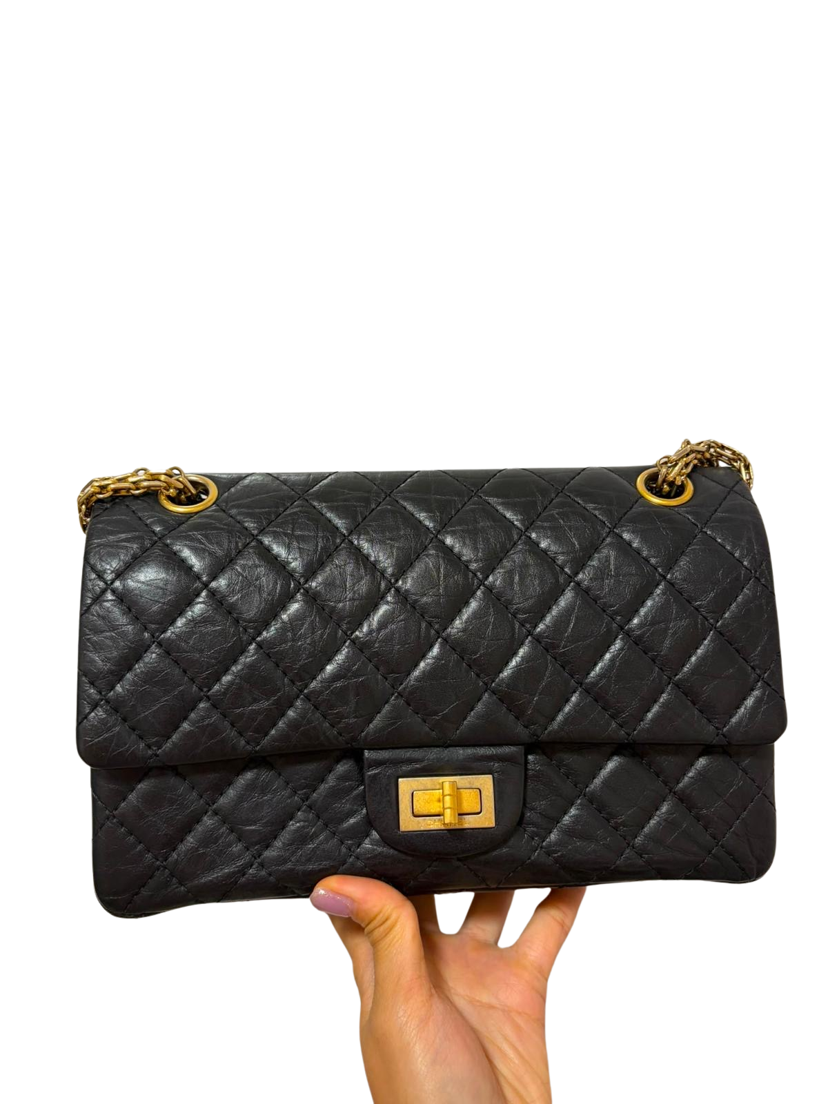 Used CHANEL Quilted Aged Calfskin 2.55 Reissue Shoulder Bag Black Gold