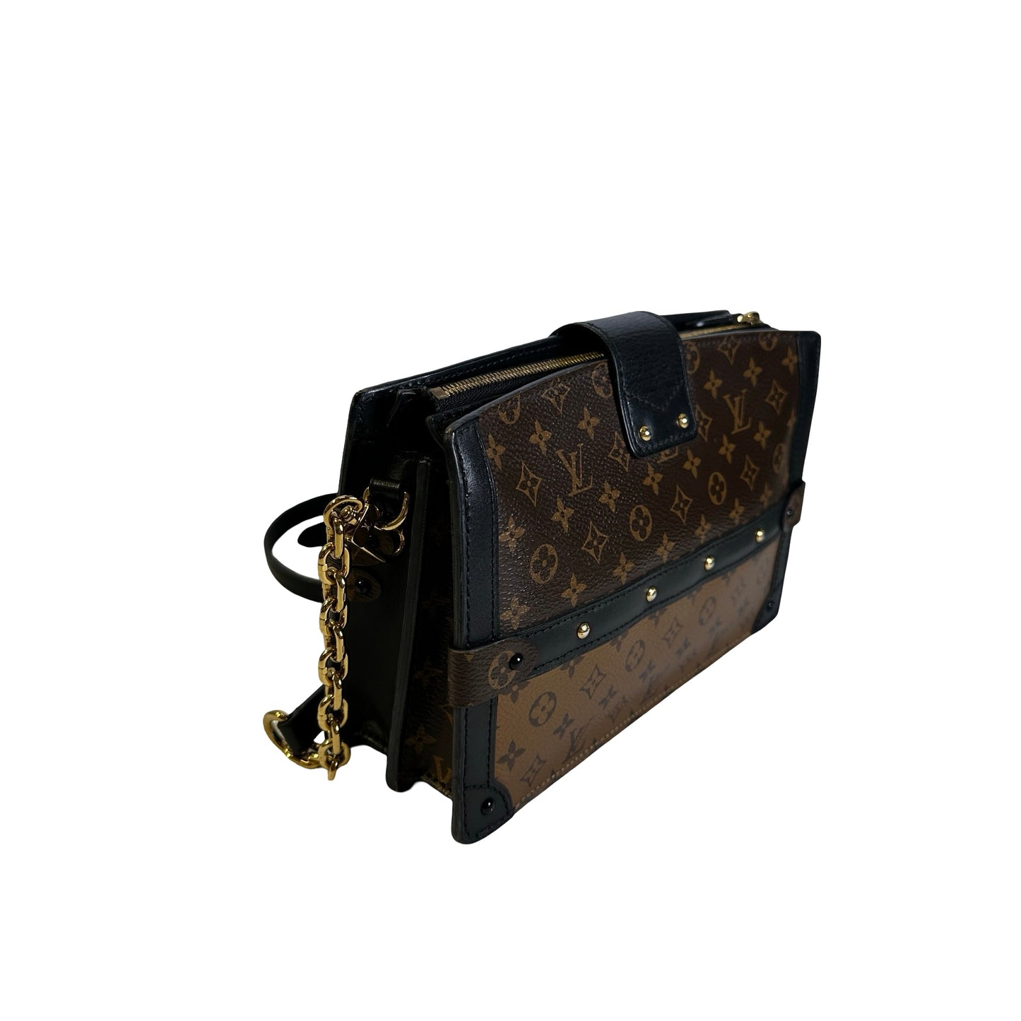 Used LOUIS VUITTON Monogram Canvas Leather Petite Malle Crossbody Bag Brown Black Gold