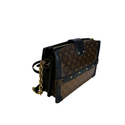 Used LOUIS VUITTON Monogram Canvas Leather Petite Malle Crossbody Bag Brown Black Gold