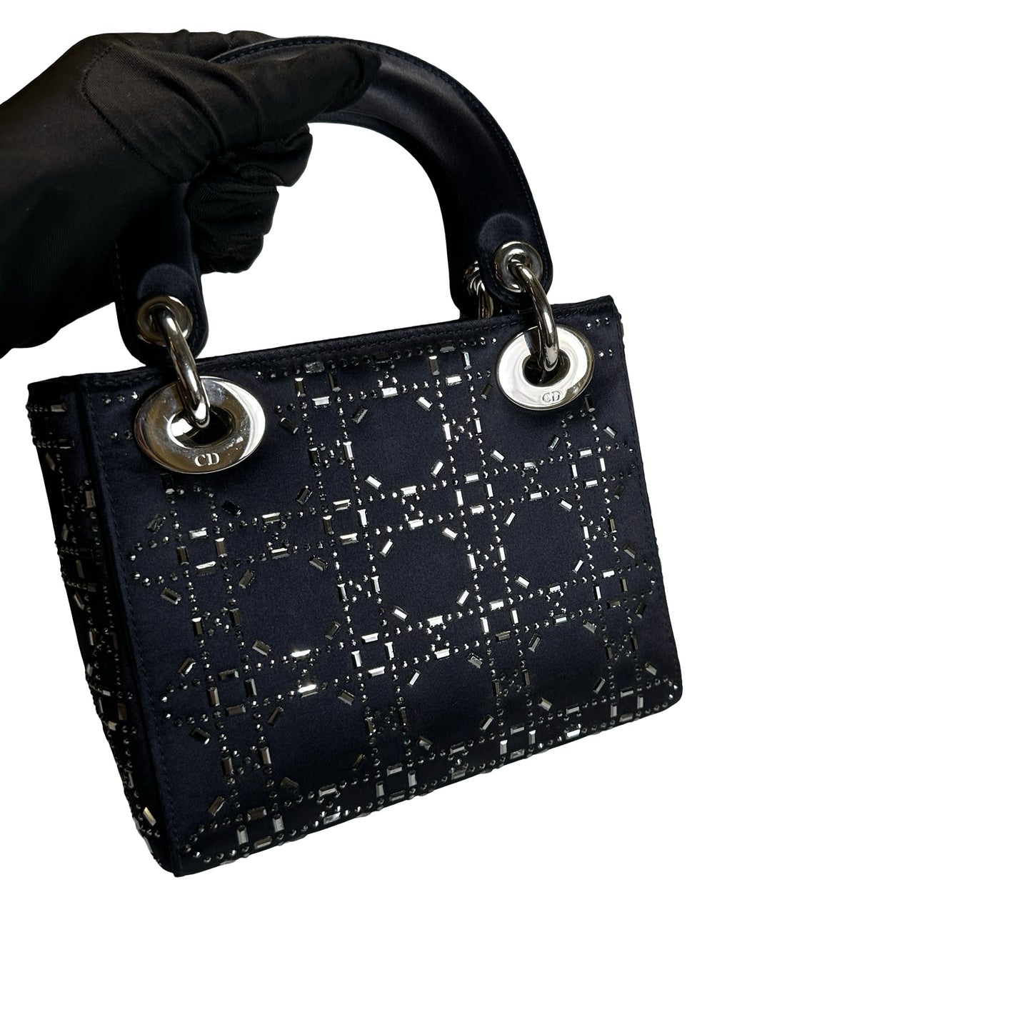 Used DIOR Cannage Rhinestone Lady Dior Handbag Black Silver