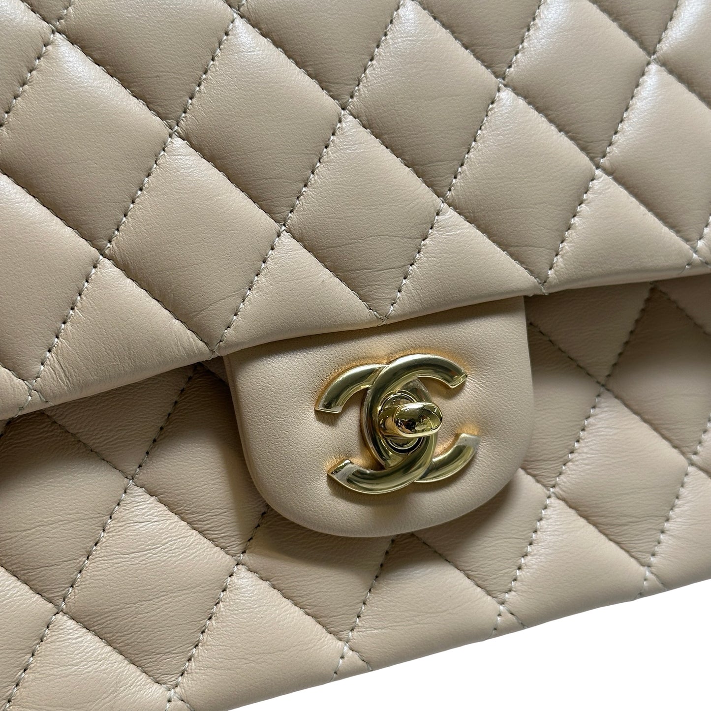Used CHANEL Lambskin Classic Flap 25cm Chain shoulder bag Beige GHW