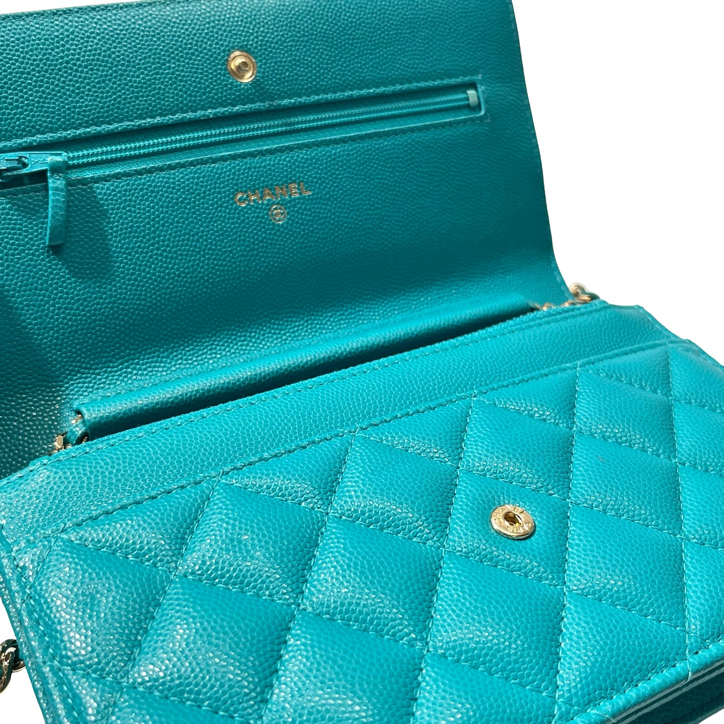 Used CHANEL Calfskin Leather WOC Cross Body Bag Green GHW