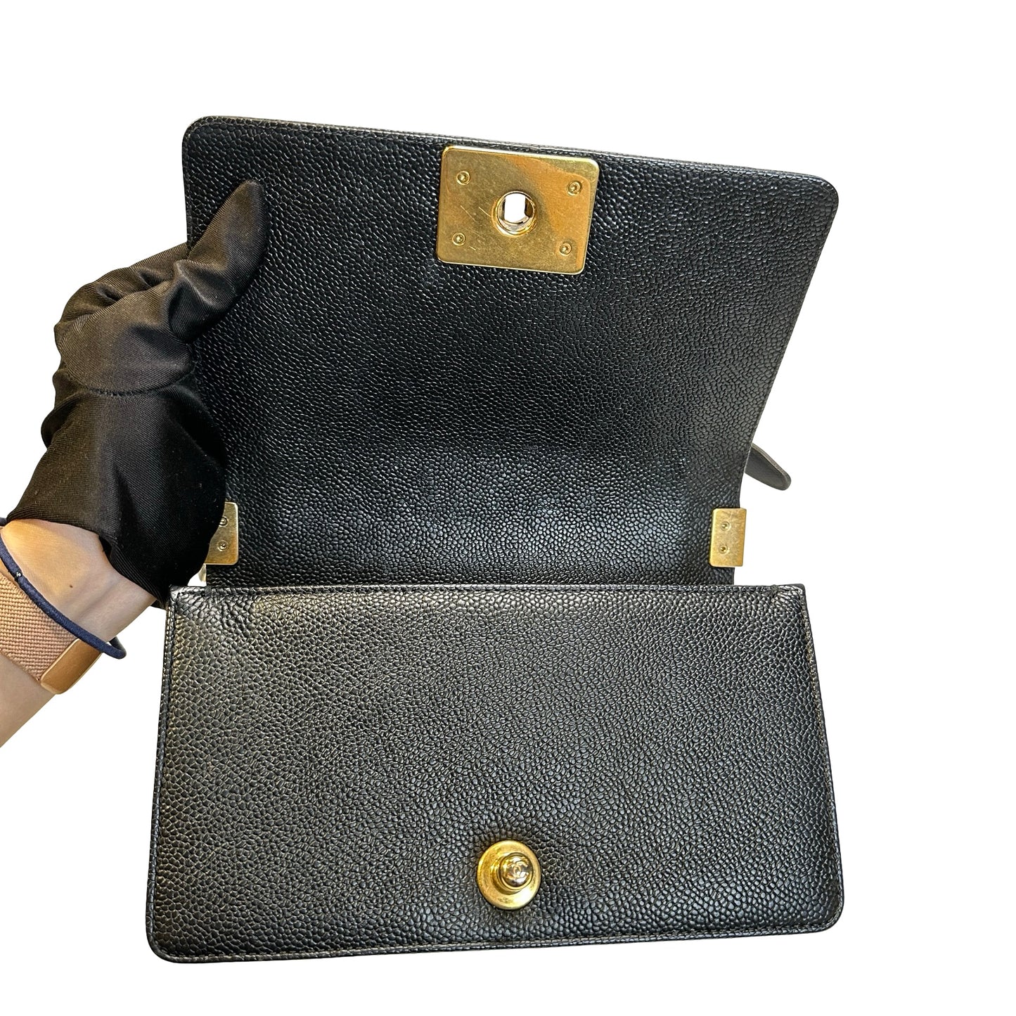 Used CHANEL Caviar Leather Quilted Boy 20 Shoulder Bag Black Gold