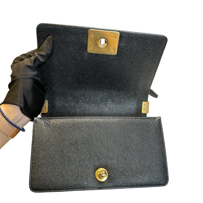 Used CHANEL Caviar Leather Quilted Boy 20 Shoulder Bag Black Gold