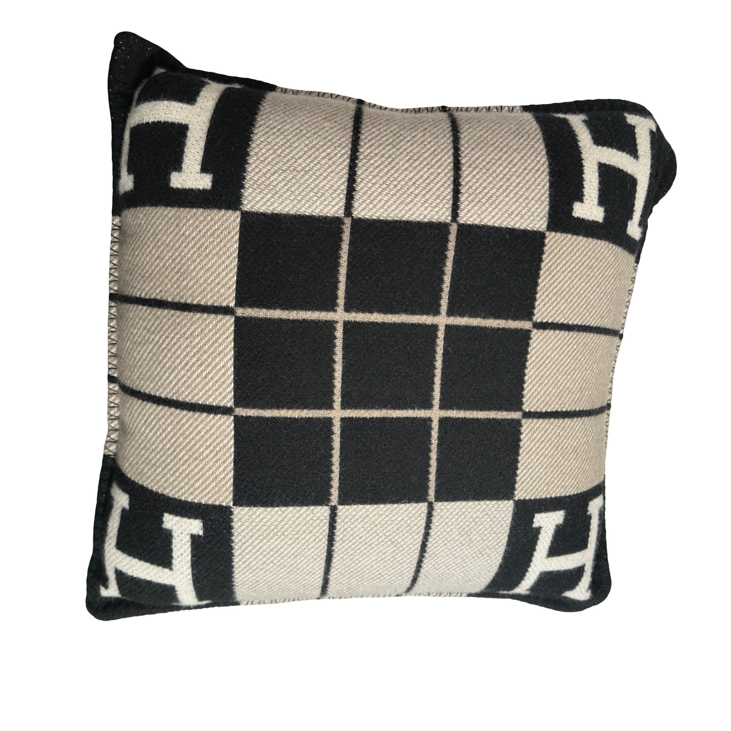 HERMES H Logo Plaid Avalon III Cushion PM Accessories Black Grey