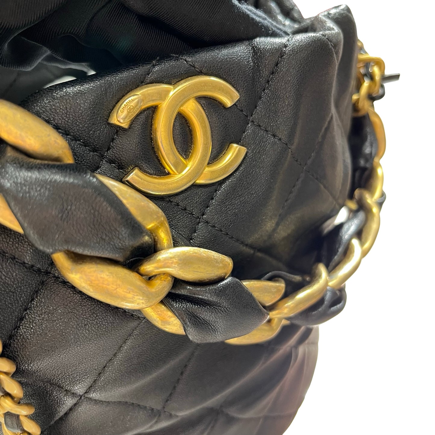 Used CHANEL Lambskin Leather Bucket Bag Black GHW