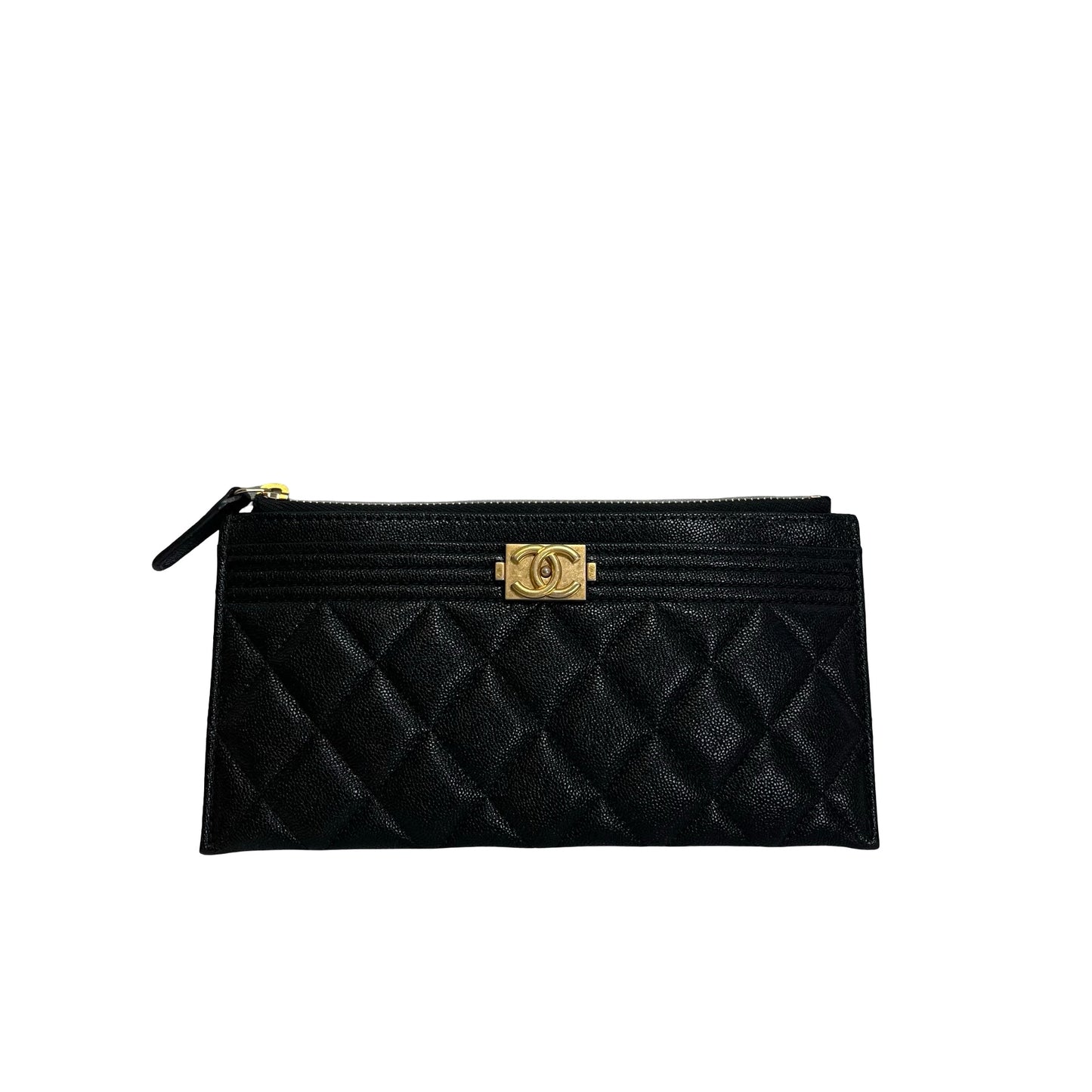 Used CHANEL Caviar Quilted Boy Pouch Black Gold