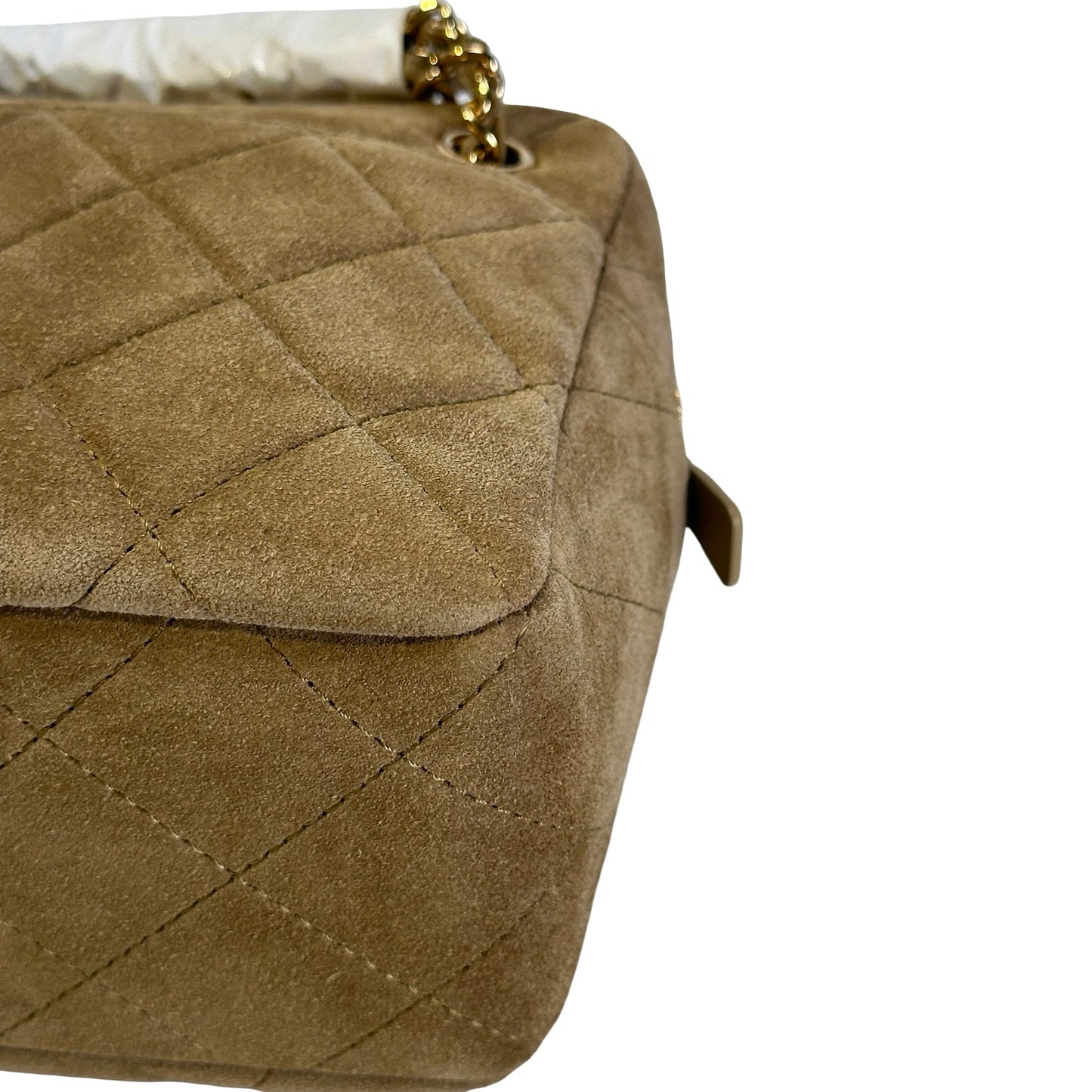 Brand New CHANEL Quilted Suede Camera Case Camera Bag Khaki Gold
